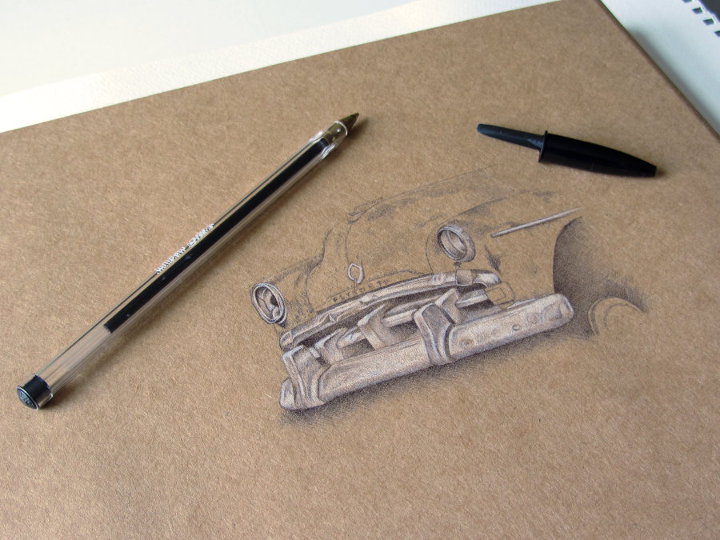 biro drawing of a rusty car