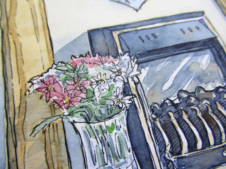 Pen ink and watercolour fireplace