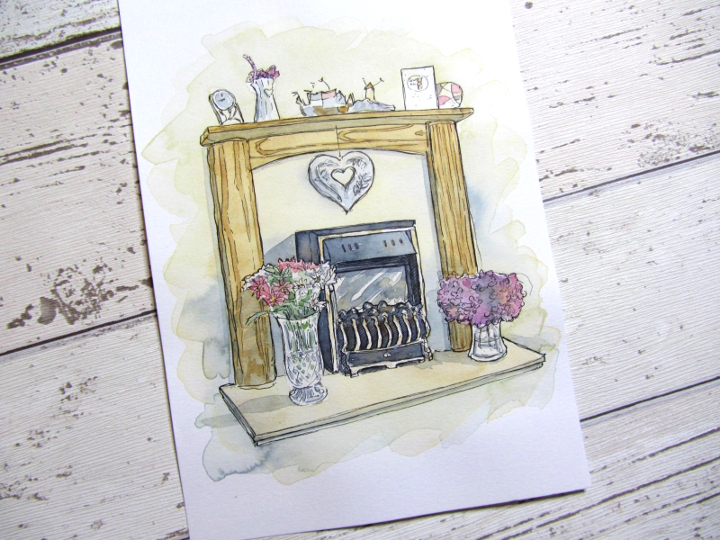 Pen ink and watercolour fireplace