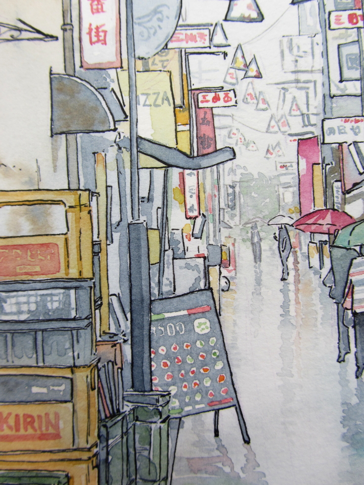 Japan street in the rain watercolour